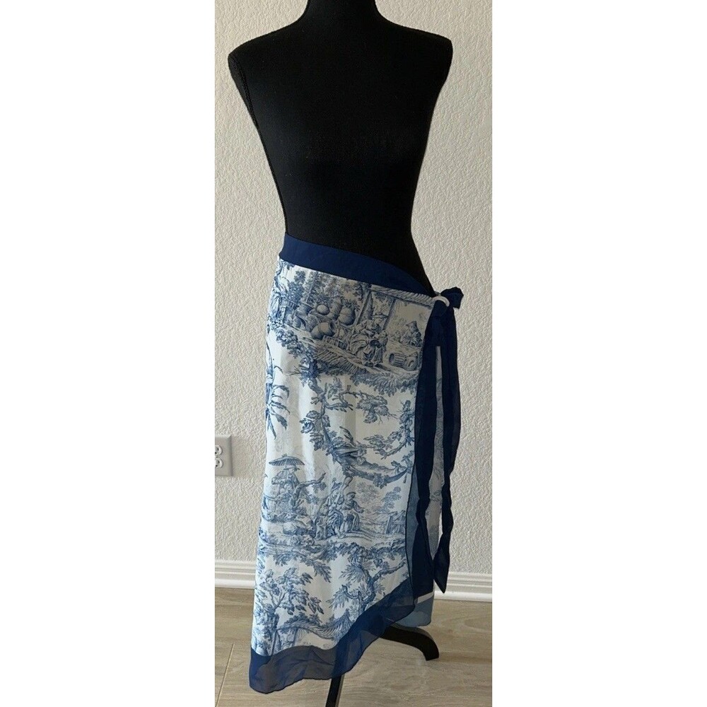 Toile de Jouy Chiffon Sarong Skirt Blue White Sheer Swim Beach Resort Cover Up